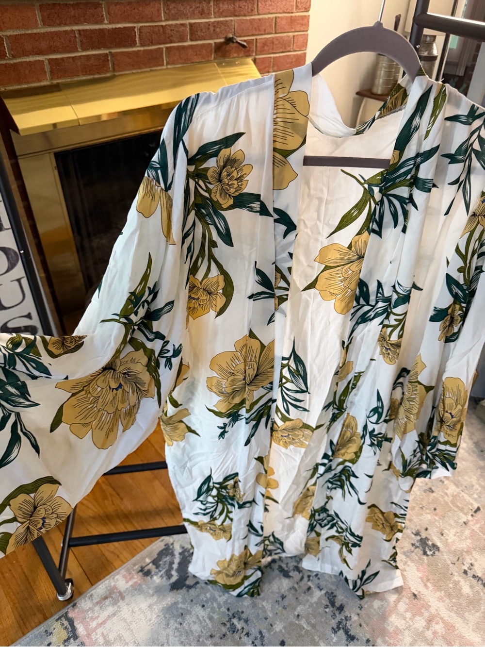 White Floral Kimono Top with Yellow and Green Print